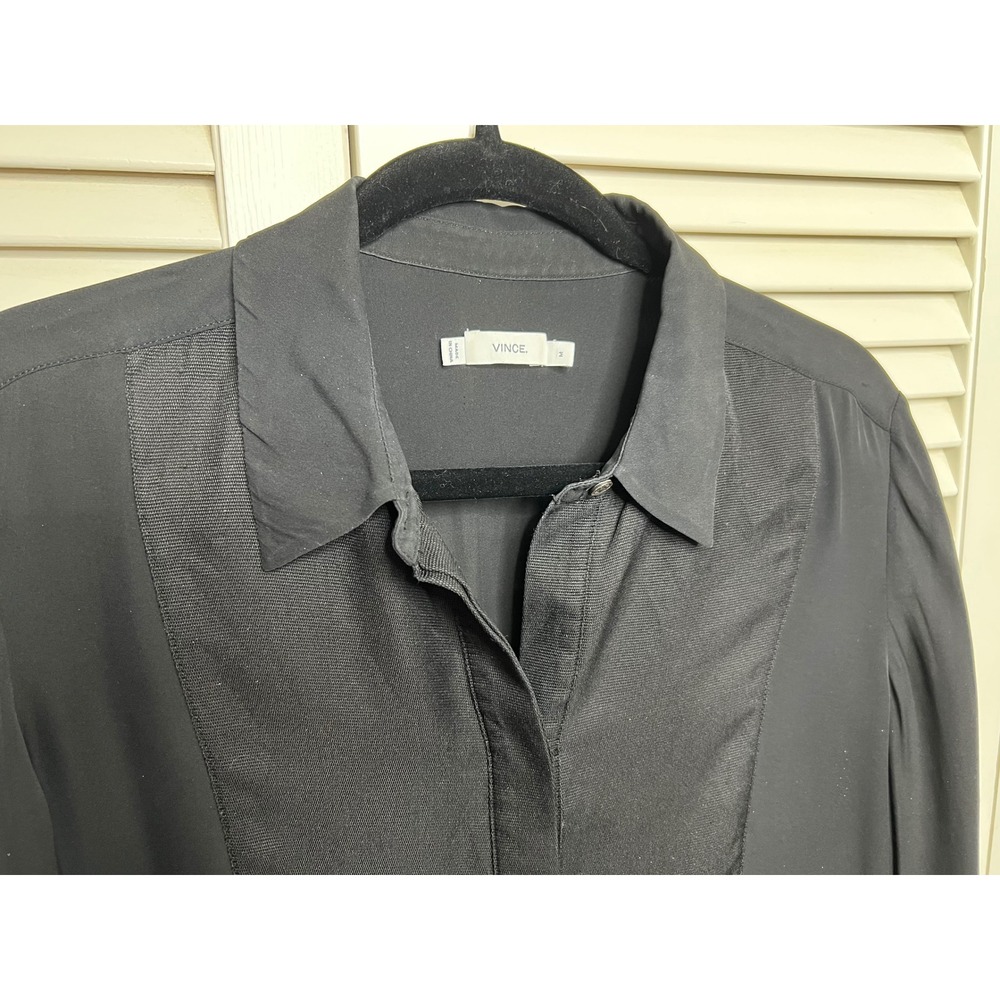 Vince 100% Silk Tuxedo Blouse Black Long Sleeve Bell Cuff Size M - Picture 3 of 9